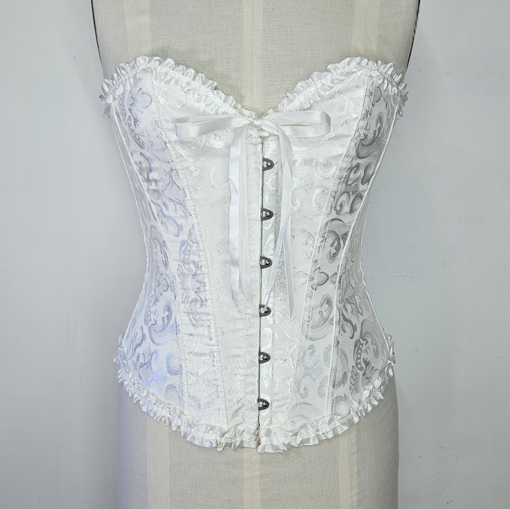 Corset Bustier XS/S White Jacquard Satin Floral Lace Up Boned Bridal Shapewear